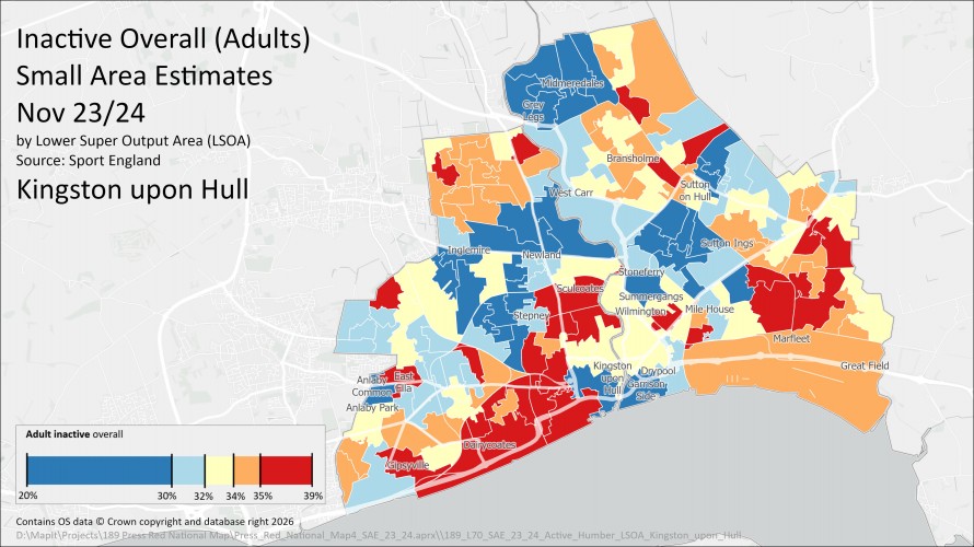 A map of Hull that is colour coded to show the levels of inactivity in each Lower Super Output Area