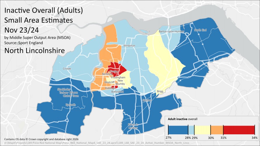 A map of North Lincolnshire that is colour coded to show the levels of inactivity in each Middle Super Output Area