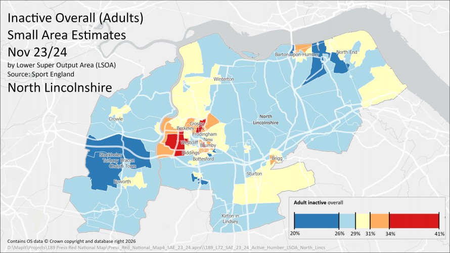 A map of North Lincolnshire that is colour coded to show the levels of inactivity in each Middle Super Output Area