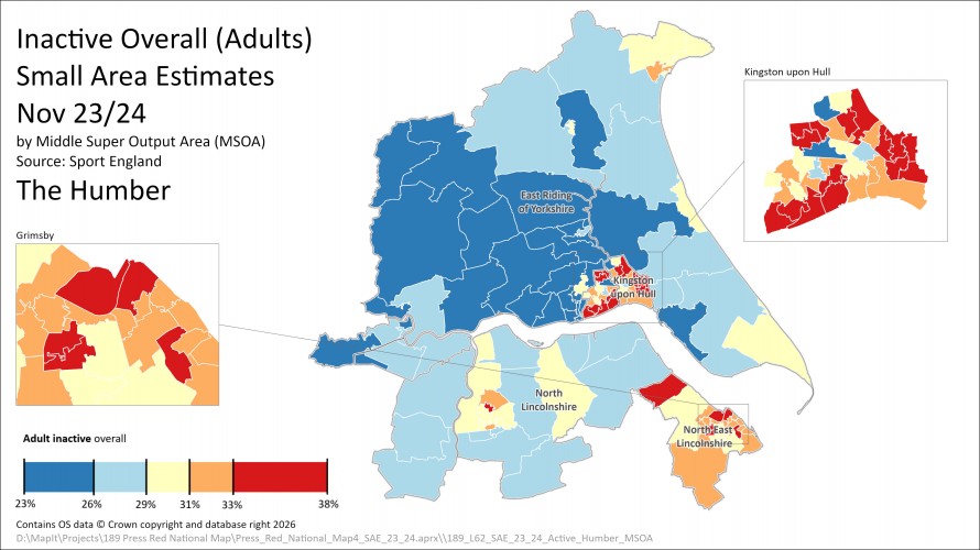 A map of the Humber that is colour coded to show the levels of inactivity in each Middle Super Output Area