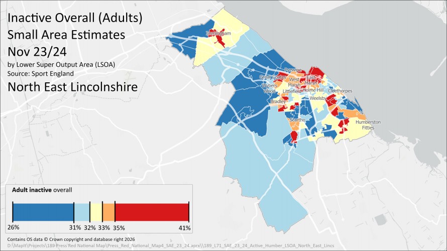 A map of North East Lincolnshire that is colour coded to show the levels of inactivity in each Lower Super Output Area