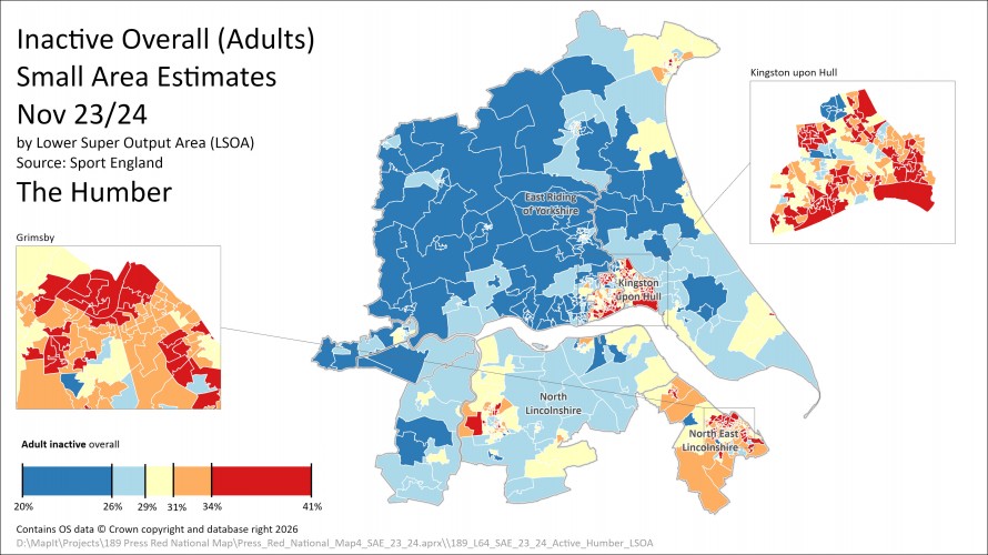 A map of the Humber that is colour coded to show the levels of inactivity in each Lower Super Output Area