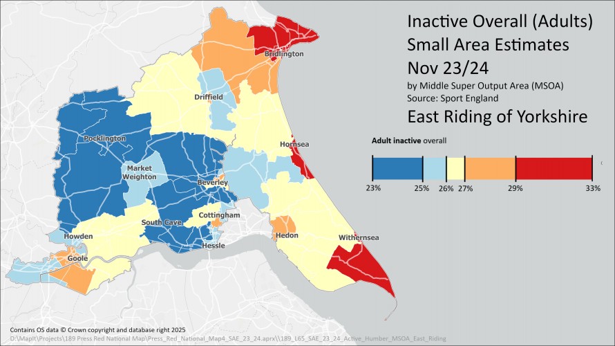 A map of East Riding of Yorkshire that is colour coded to show the levels of inactivity in each Middle Super Output Area