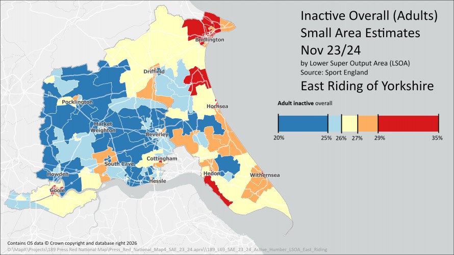 A map of East Riding of Yorkshire that is colour coded to show the levels of inactivity in each Lower Super Output Area