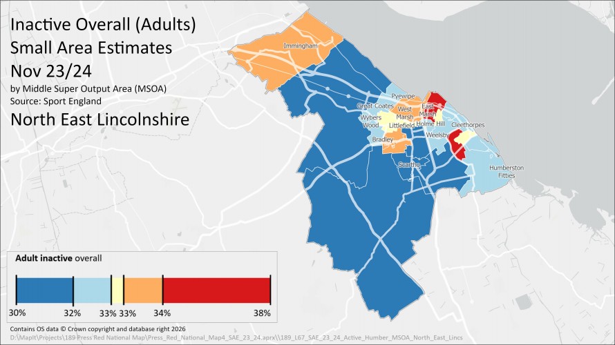 A map of North East Lincolnshire that is colour coded to show the levels of inactivity in each Middle Super Output Area