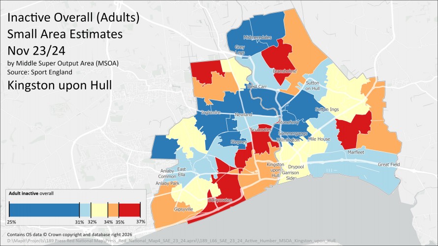 A map of Hull that is colour coded to show the levels of inactivity in each Middle Super Output Area